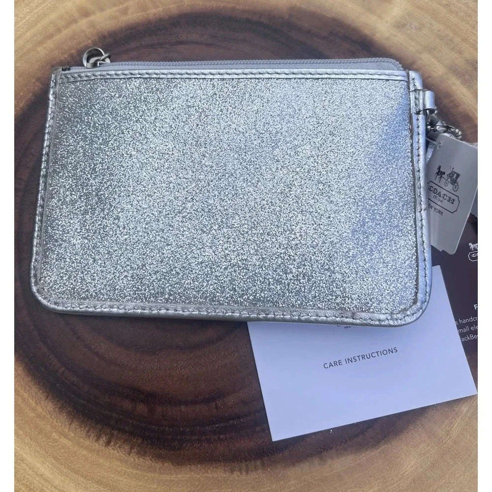 Coach Silver Metallic Glitter Leather Zip Legacy‎ Wristlet Clutch Phone Pouch